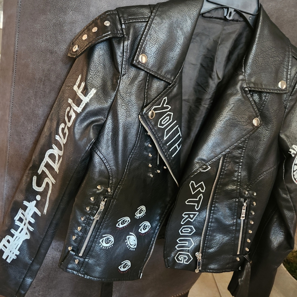 Black Studded Leather Biker Jacket with White Graffiti